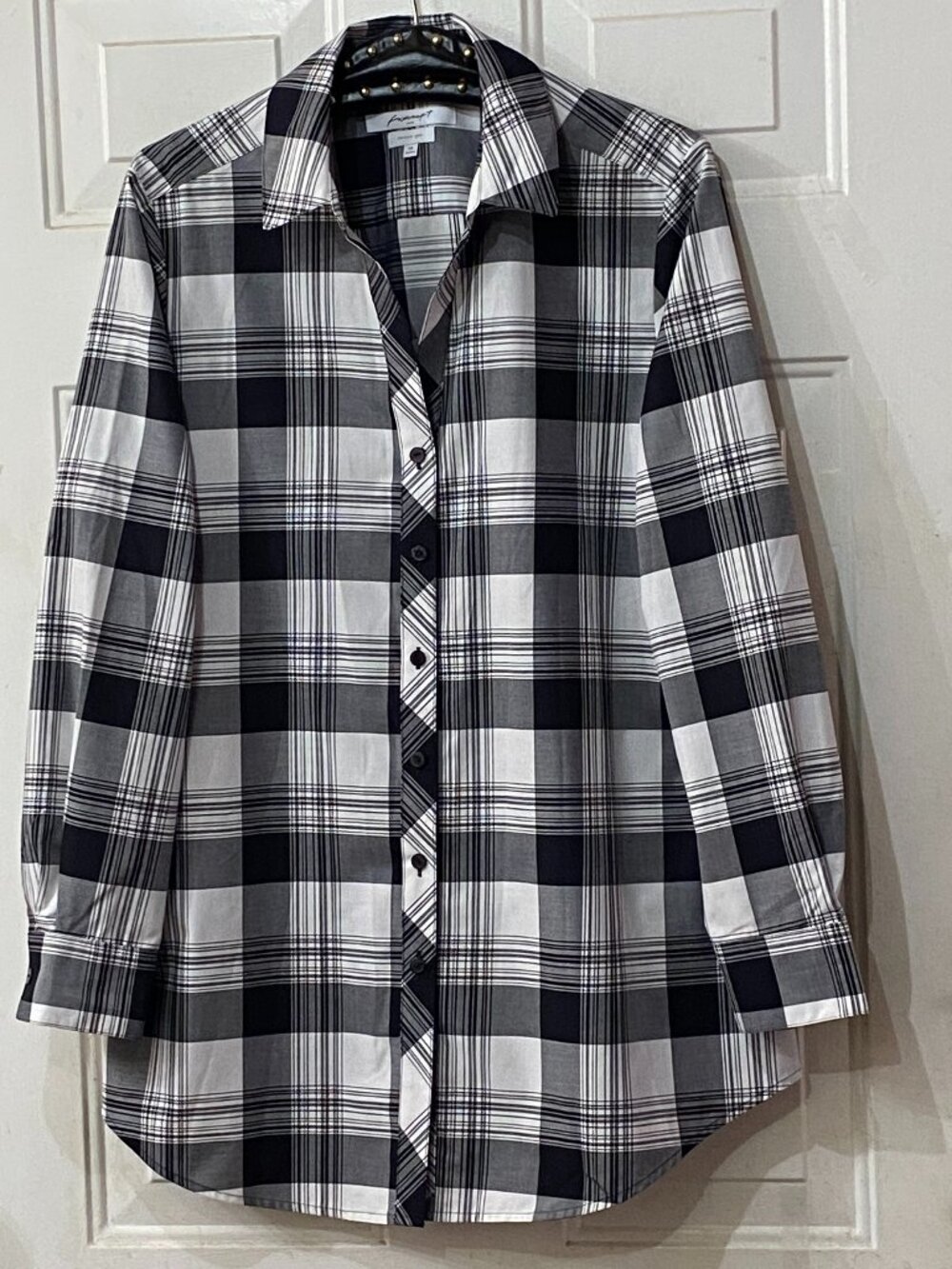 NEW Foxcroft Wrinkle Free Sz 14 Blouse Button Up Tunic Long Sleeve White/Black